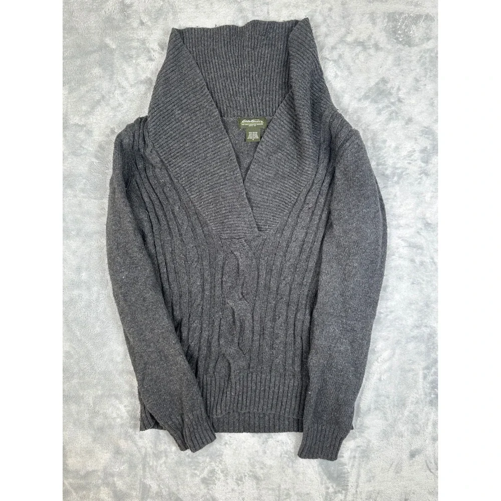 Eddie Bauer Womens Gray Cable Knit Shawl Collar V-Neck Sweater Small